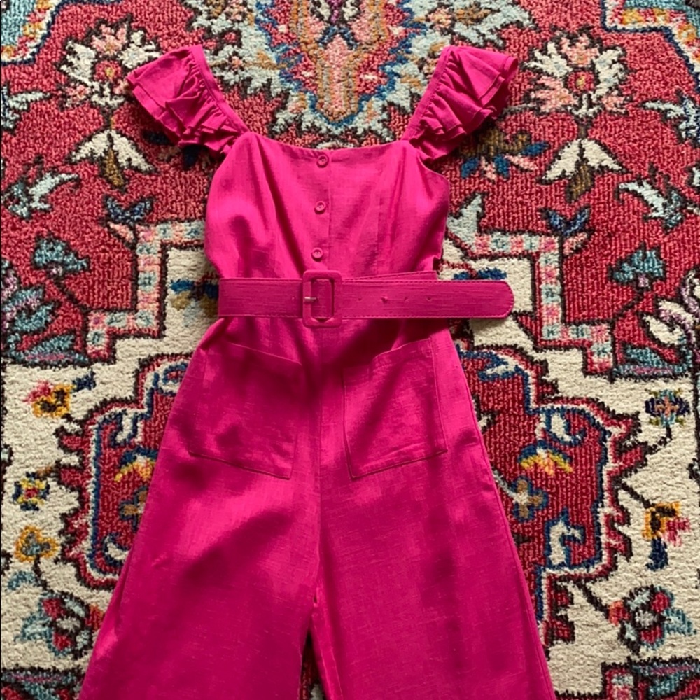 Fuschia linen belted jumpsuit